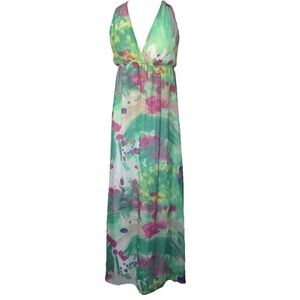 Mon Amie Green and Pink Chiffon Y2K Floral Maxi Dress • Feminine • Size M